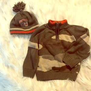 Children’s Place green camo sweater and hat 24mo